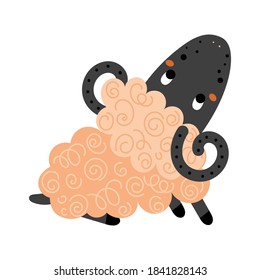 Hand drawn vector illustration of a cute sits sheep with pink wool Isolated on white background. Concept for children print.