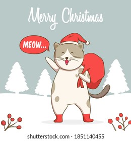 Hand drawn vector illustration of a cute funny cat face in Santa Claus hat and bag