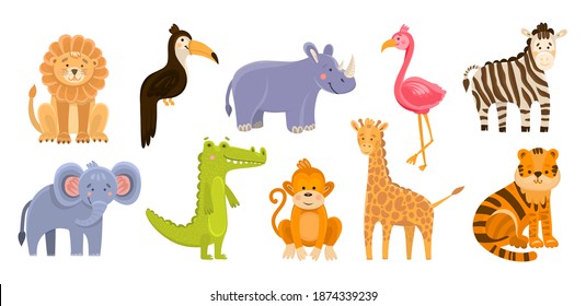 Hand drawn vector illustration of cute funny animals. Wild animals isolated objects. Flat design in flat cartoon style. Baby print concept. Illustrations for kids application animals jungle .