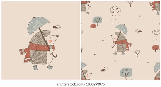 Hand drawn vector illustration of cute hedgehog with umbrella and seamless pattern. Can be used for kids or baby shirt design