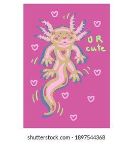 Hand drawn vector illustration of a Cute white axolotl swimming, with lettering quote You are cute.Isolated objects on pink background.Simple flat design card for Happy Valentine's Day Concept sticker