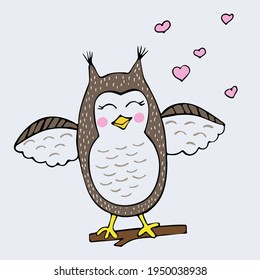 Hand drawn vector illustration of a cute owl. Isolated objects on white background. Scandinavian style flat design. Concept for children print.