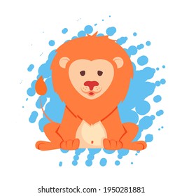 Hand drawn vector illustration of a cute funny lion sitting. Isolated objects. Flat design. Concept for children print.