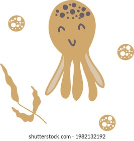 Ilustración vectorial dibujada a mano de pulpo marino lindo y algas marinas. Diseño para camisetas, textiles e impresiones.
