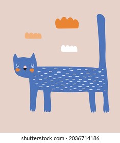 Hand Drawn Vector Illustration with Cute Blue Cat and Orange Clouds Isolated on a Dusty Beige Background. Infantile Style Nursery Art ideal for Card, Wall Art, Poster. Funny Print for Cat Lovers.