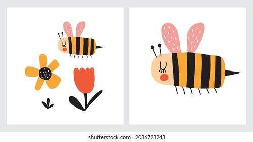 Hand Drawn Vector Illustration with Cute Bee Flying Among Red and Yellow Flowers. Childish Style Print with Happy Bees with Pink Wings. Simple Nursery Art ideal for Wall Art, Poster, Card, Decoration.