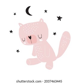 Hand Drawn Vector Illustration with Cute Dreamy Baby Cat. Infantile Style Woodland Party Print ideal for Wall Art, Poster, Card. Funny Pink Kitty, Black Moon and Stars Isolated on a White Background.