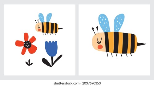 Hand Drawn Vector Illustration with Cute Bee Flying Among Red and Blue Flowers. Childish Style Print with Happy Bees with Blue Wings. Simple Nursery Art ideal for Wall Art, Poster, Card, Decoration.