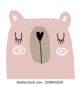 Ilustración de vectores dibujados a mano con un oso adorable. Impresión de la fiesta de Woodland estilo Infantile ideal para arte en pared, afiche, tarjeta. Sencillo Resumen Oso Funny Rosa Polvoriento Aislado sobre un fondo blanco.