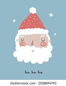 Hand Drawn Vector Illustration with Cute Dreamy Santa Claus. Infantile Style Print ideal for Wall Art, Poster, Card. Funny Santa in Red Woolen Hat Isolated on a Light Blue Background. Christmas Card.