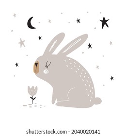 Hand Drawn Vector Illustration with Cute Bunny, Stars, Moon and Flower. Infantile Style Easter Print with Light Gray Rabbit Isolated on a White Background. Lovely Nursery Art ideal for Card, Poster.