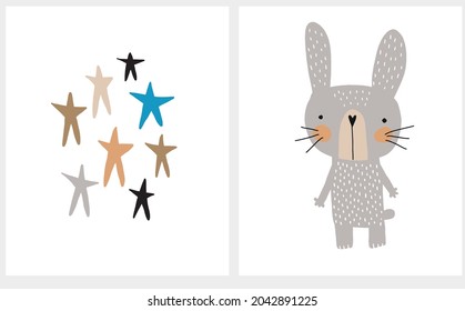 Hand Drawn Vector Illustration with Cute Gray Baby Bunny and Colorful Stars Isolated on a White Background. Infantile Style Nursery Art ideal for Card, Wall Art, Poster. Funny Sweet Rabbit.