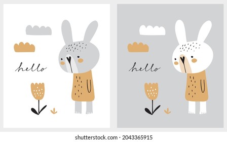 Hand Drawn Vector Illustration with Cute Baby Bunny Looking at Flower. Infantile Style Nursery Art ideal for Card, Wall Art, Poster. Funny Print with Sweet Rabbit on a White and Gray Background.