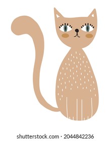 Hand Drawn Vector Illustration with Cute Brown Kitten Isolated on a White Background. Infantile Style Nursery Art ideal for Card, Wall Art, Poster, Cat Lovers. Funny Sweet Pets Print.
