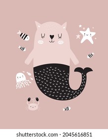 Hand Drawn Vector Illustration with Cute Cat Mermaid Among Fishes. Infantile Style Nursery Art ideal for Card, Wall Art, Poster. Funny Print with Mermaid, Crab, Octopus and Fish on a Pink Background.