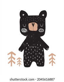 Hand Drawn Vector Illustration with Cute Big Bear Standing Among Trees. Infantile Style Nursery Art ideal for Card, Wall Art, Poster. Funny Print with Black Bear Isolated on a White Background.