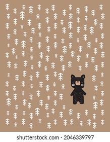 Hand Drawn Vector Illustration with Cute Big Bear Standing in the Forest. Infantile Style Nursery Art ideal for Card, Wall Art, Poster. Funny Print with Black Bear Isolated on a Brown Background.