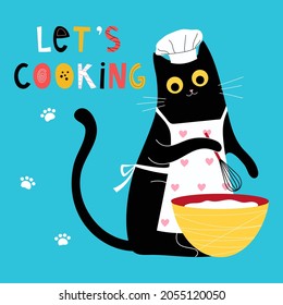 Hand drawn vector illustration with cute cat chef in cap and apron with lettering phrase let's cook. Inspirational design