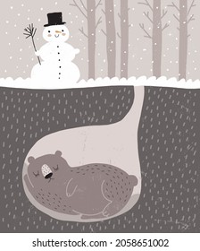 Ilustración de vectores dibujados a mano con muñeco de nieve entre árboles y oso marrón durmiendo en la madriguera. Impresión de madera de estilo infantil ideal para arte en pared, afiche, tarjeta. Arte vector de vacaciones de invierno.