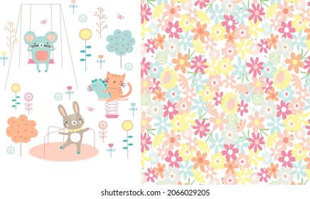 Hand drawn vector Illustration of Cute Bunny with seamless pattern. Can be used for baby t-shirt print, fashion print design, kids wear, baby shower celebration greeting and invitation card. 