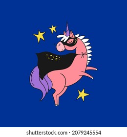 Hand drawn vector illustration of a cute funny super hero unicorn in a mask and cape. Isolated objects. Scandinavian style flat design. Concept for children print.