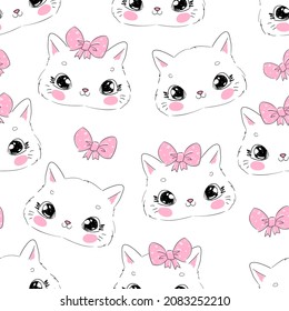 Hand Drawn Vector Illustration of cute cat vector illustration pattern, children  print design, sketch cat and bow seamless