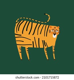 Hand drawn vector illustration of a cute funny tiger. 