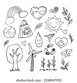 Hand drawn vector illustration with cute doodle style elements for Earth Day. Great for greeting cards, posters and seasonal designs.