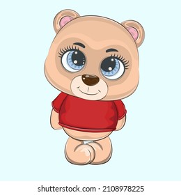 Hand drawn vector illustration of a cute funny baby bear. Isolated objects on blue background. Design concept for children t-shirt.