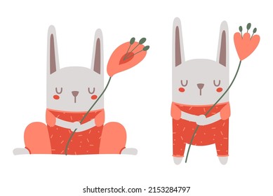 Hand drawn vector illustration of a cute happy bunny in overalls, with flower. Concept for children print in flat style. Isolated elements.