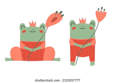 Hand drawn vector illustration of a cute happy frog in overalls and crown, with flower. Concept for children print in flat style. Elements of princess-toad are isolated.