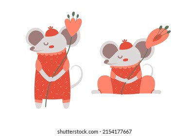 Dibujo manual de la ilustración vectorial de un lindo ratón feliz en overoles y sombrero , con flor. Concepto para niños imprimidos en estilo plano. Los elementos del pequeño ratón están aislados.