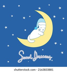 Dibujo de mano vectorial ilustración de un lindo gato durmiendo en la luna en el cielo nocturno 