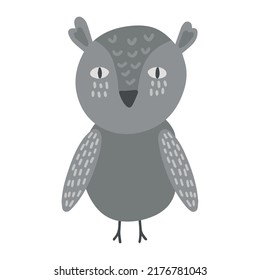 Hand drawn vector illustration of a cute funny owl. Isolated objects on white background. Scandinavian style design. Concept nursery print.