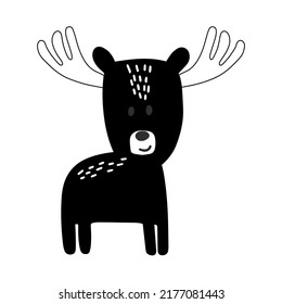 Hand drawn vector illustration of a cute funny moose. Isolated objects on white background. Scandinavian style design. Concept nursery print.