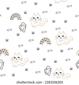 Vector de tracción manual Ilustración de un lindo patrón de ilustración vectorial de gato, gato de diseño de impresión, niños imprimir en camiseta, gato de esbozo sin soldadura