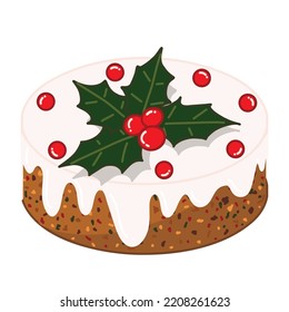 Hand drawn vector illustration of cute Christmas fruitcake decorated with icing, holly leaves and berries isolated on white background. National fruitcake day.