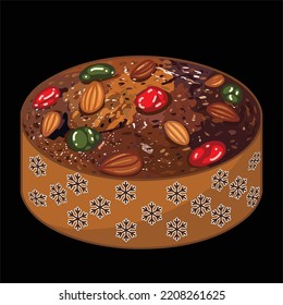 Hand drawn vector illustration of cute fruitcake decorated with almonds, berries, dried fruits isolated on white background. National fruitcake day.