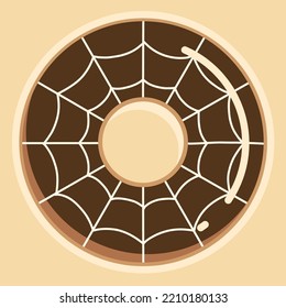 Hand drawn vector illustration of cute fancy halloween doughnut, white chocolate spider web pattern on chocolate cream donut isolated on light yellow background. 