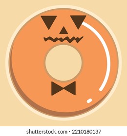 Hand drawn vector illustration of cute fancy halloween doughnut, jack o' lantern chocolate flakes on peanut butter, pumpkin cream donut isolated on light yellow background. 