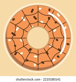 Hand drawn vector illustration of cute fancy halloween doughnut, chocolate spider web pattern and white chocolate sprinkles on peanut butter, pumpkin cream donut isolated on light yellow background. 