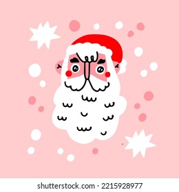 Handgezeichnete Vektorgrafik mit dem feinen, traurigen Weihnachtsmann. Drucken ideal für Wall Art, Poster, Card. Weihnachtsmütze auf rotem Wolle einzeln auf hellrosa Hintergrund. Weihnachtskarte.