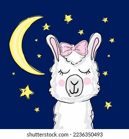 Hand drawn vector illustration with cute sleeping llama moon, stars. Scandinavian style flat design. Concept for children print.