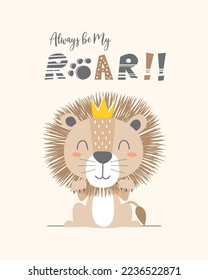 Hand drawn vector illustration of a cute lion wearing a crown. isolated object. perfect for kid's print.