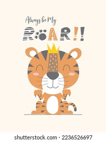 Hand drawn vector illustration of a cute tiger wearing a crown. isolated object. perfect for kid's print.