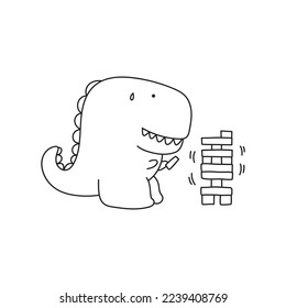 hand drawn vector illustration of cute monster playing jenga