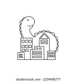 hand drawn vector illustration of cute giant green monster in the city
