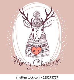 Hand drawn vector illustration with cute deer. Merry Christmas card.