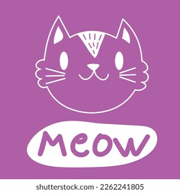 Hand drawn vector illustration of a cute funny cat face, grinning, with quote Meow. Isolated objects. Line drawing. Design concept for poster, t-shirt print. EPS