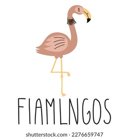 Hand drawn vector illustration of a cute flamingo. Pink tropical bird. Education card. Isolated on white background.